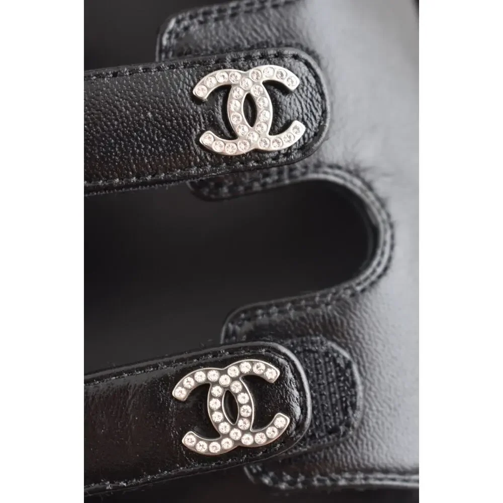 Chanel 24S Black Leather Triple Strap CC Logo Mule Slide Teva Dad Sandal Flat 41